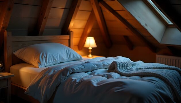 selective focus of empty bed with white pillow and blanket