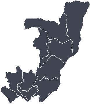 Vector map of the Republic of the Congo showing all regions with clearly defined borders and country outline. Dark color scheme with white contours. Perfect for educational, infographic, and professio
