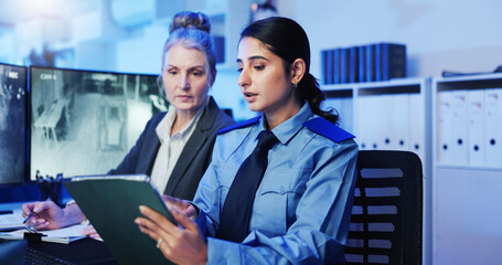 Women, security guard or tablet with surveillance for safety check, observation or building...