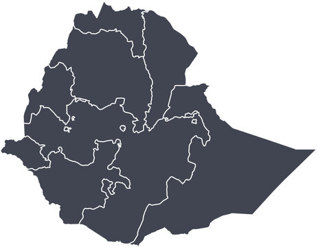 Vector map of Ethiopia showing all regions with clearly defined borders and country outline. Dark color scheme with white contours. Perfect for educational, infographic, and professional use.