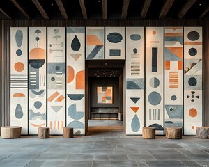 Modern, minimalist lobby art with geometric patterns and muted colors
