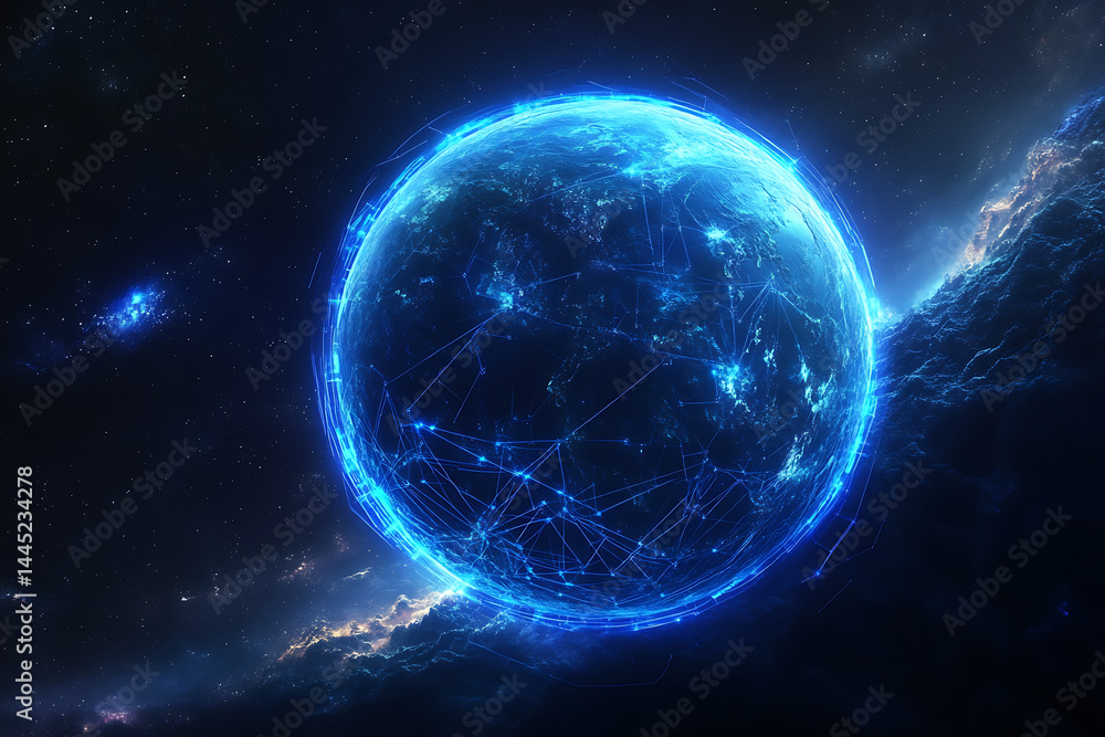 Sticker planet earth in space , binary code technology , glowing sphere on black background