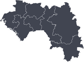 Vector map of Guinea showing all regions with clearly defined borders and country outline. Dark color scheme with white contours. Perfect for educational, infographic, and professional use.