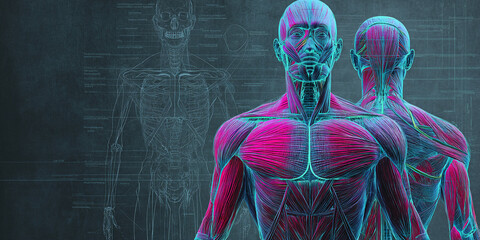 Detailed anatomical illustration of human musculature, overlaid on a vintage anatomical drawing, showcasing the body's intricate structure and function
