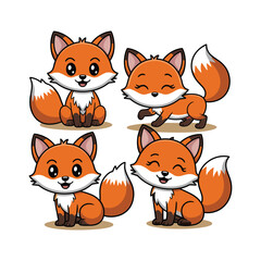 Cartoon cute foxes in different poses, standing, sleeping, jumping, sitting Forest wild animal isolated on white background., simple vector