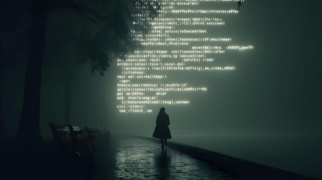 made of glowing code and mirrors in an empty park