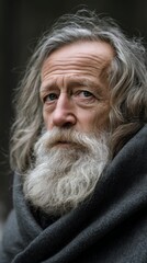 A wise old wizard, adorned in a dark cloak, stands amidst ancient trees