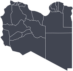 Vector map of Libya showing all regions with clearly defined borders and country outline.Dark color scheme with white contours. Perfect for educational, infographic, and professional use.