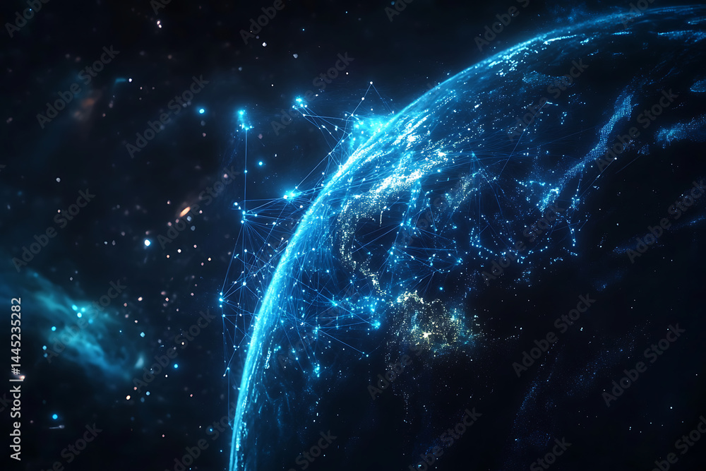 Poster planet earth in space , binary code technology , glowing sphere on black background