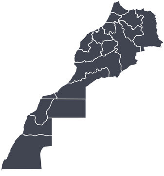 Vector map of Morocco including Western Sahara, showing all regions with clearly defined borders and country outline. Dark color scheme with white contours. Perfect for educational, infographic, and p