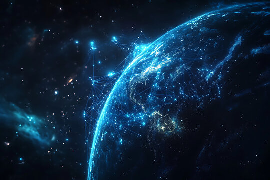 planet earth in space , binary code technology , glowing sphere on black background	