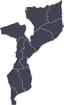 
Vector map of Mozambique showing all regions with clearly defined borders and country outline. Dark color scheme with white contours. Perfect for educational, infographic, and professional use.