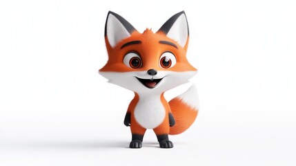 Cute Cartoon Fox Character, Studio Lighting, 3D Render, Full Body Shot, Soft Fur Texture, Smiling Joyfully, White Background, Warm Orange Hues, Childrens Book Illustration