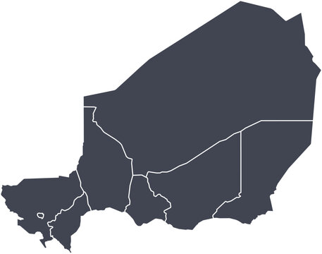 Vector map of Niger showing all regions with clearly defined borders and country outline. Dark color scheme with white contours. Perfect for educational, infographic, and professional use.