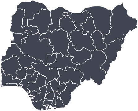 Vector map of Nigeria showing all regions with clearly defined borders and country outline. Dark color scheme with white contours. Perfect for educational, infographic, and professional use.


