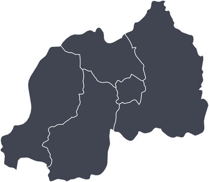 Vector map of Rwanda showing all regions with clearly defined borders and country outline. Dark color scheme with white contours. Perfect for educational, infographic, and professional use.

