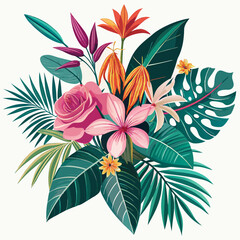 Tropical flowers and green leaves arranged on a white background, showcasing vibrant colors and natural beauty.