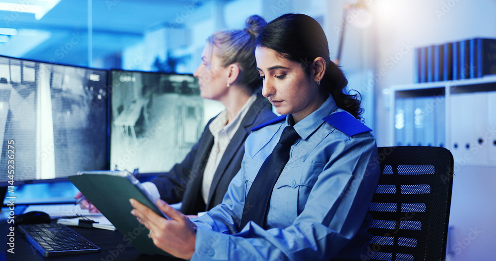 Poster woman, security guard and tablet with surveillance for building coverage or safety check at office. 