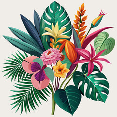 Tropical flowers and green leaves arranged on a white background, showcasing vibrant colors and natural beauty.