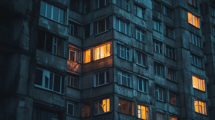 Obraz premium Dimly lit concrete apartment block at night with warm glowing windows contrasting against dark, cold exterior