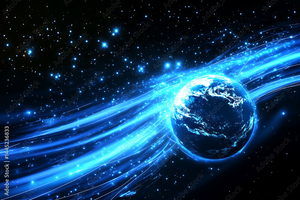Poster planet earth in space , binary code technology , glowing sphere on black background