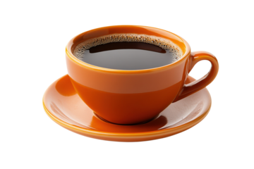 Hot Aromatic Coffee in Orange Cup on Saucer Morning Beverage Dark Roast Caffeine Energy Drink Mug on transparent background