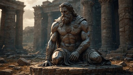 Fototapeta premium A statue of the fallen god Erechtheon, kneeling with broken arms on an ancient battlefield, shattered divine shields at his feet