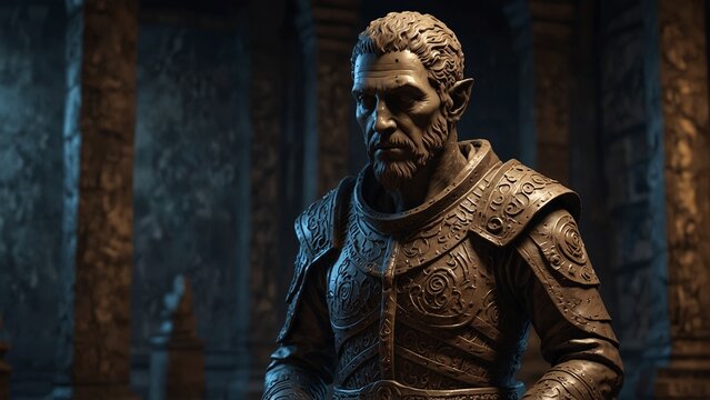 A statue of Saexos, the keeper of secrets, head shaped like a sealed scroll, body etched with cryptic runes