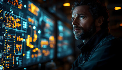 Focused man observing glowing digital screens