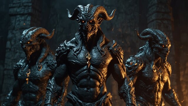 A statue of Geryon, the three-headed guardian, hair of serpents, wielding molten iron chains