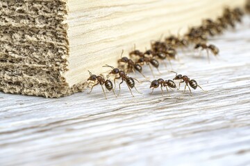 Ants marching along wooden surface in search of food during daylight hours