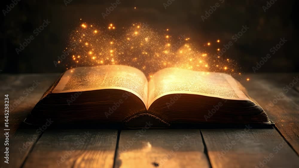 Poster open ancient book with magical golden sparkles emanating from its pages rests on a dark wooden table