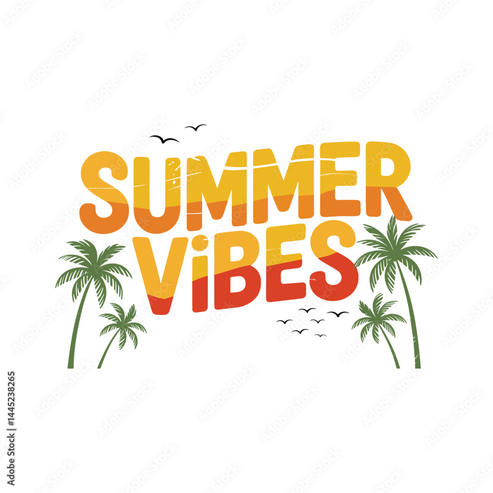 Fototapete lettering of summer vibes with palm tree vector illustration isolated on white background