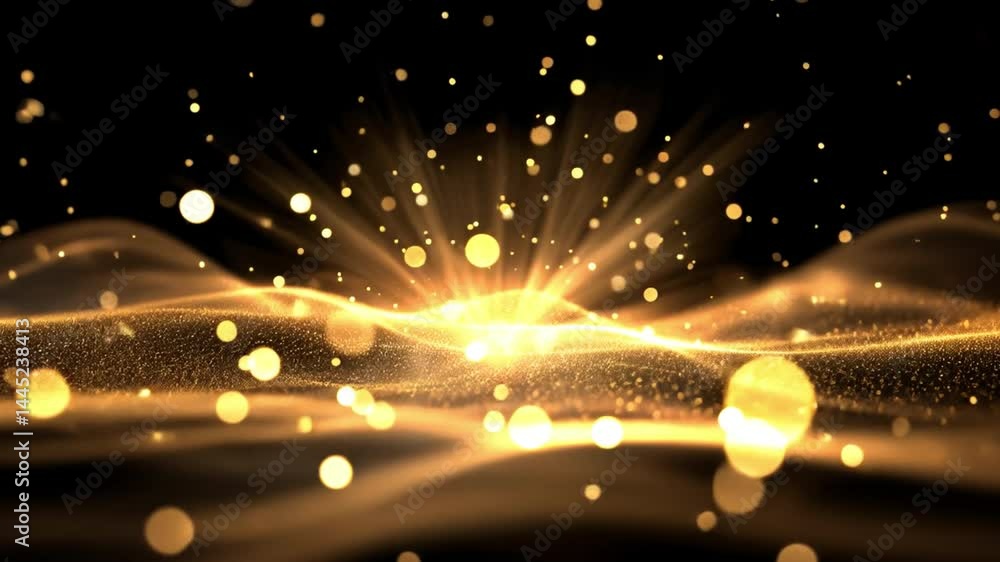 Poster mesmerizing golden particles and light waves create stunning visual effect, resembling radiant explo