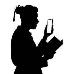 Silhouette studying on phone while holding a book, educational concept