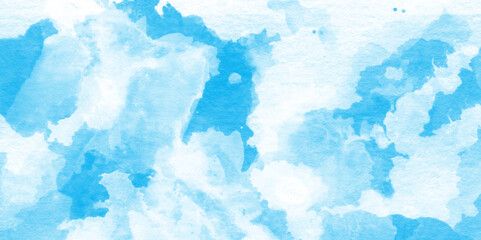 soft sky blue color watercolor background with watercolor stains, grunge Light blue background with watercolor, watercolor scraped grungy paper texture, Blue sky is surrounding with tiny clouds.