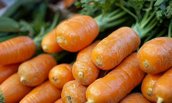 Pile of Fresh Orange Carrots with Green Tops Displaying Natural Texture in Soft Daylight
