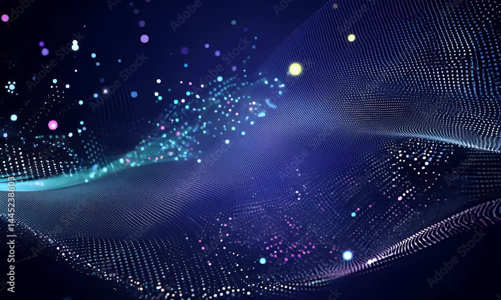 Poster abstract digital wave of glowing particles and energy flows in a dark background.