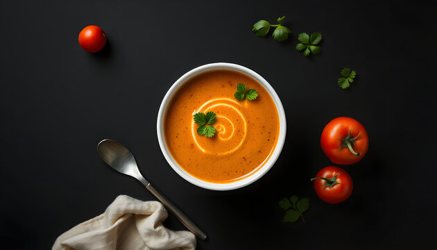 Homemade Sopa a La Minuta in a white bowl on a black background, top view. Flat lay, overhead, from above. Copy space, Colored gel lighting. with white shades