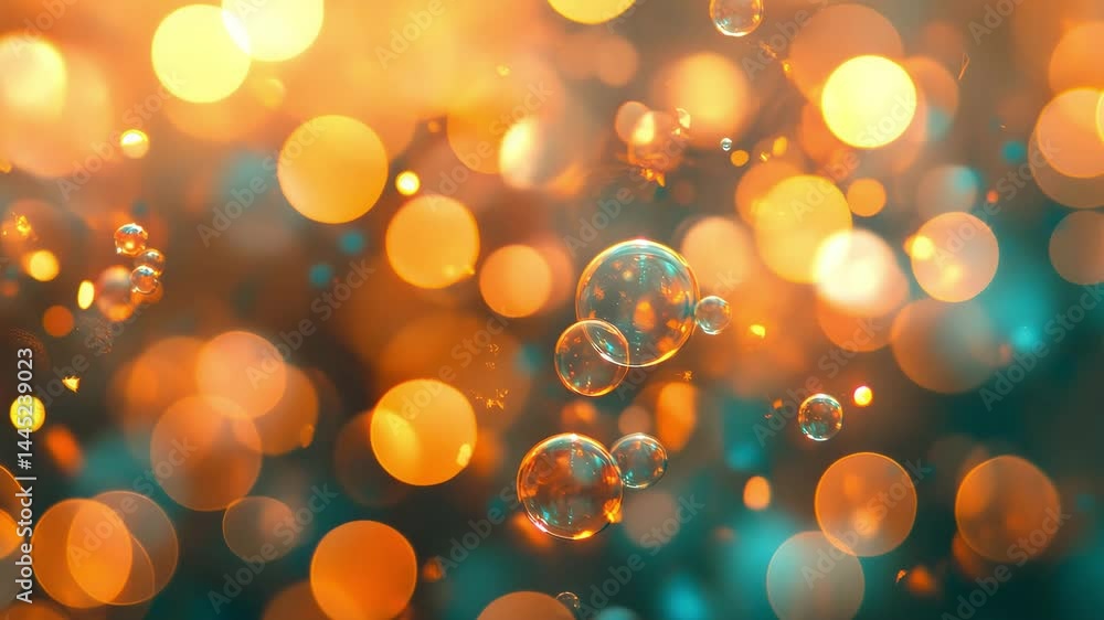 Poster sparkling bubbles floating in warm orange and teal bokeh lights abstract background