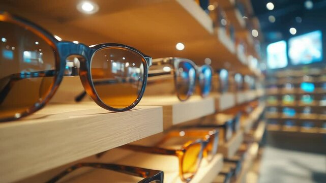Modern glasses shop interior with a variety of eyewear displays. Optical store offering stylish frames, lenses, and eye care products. banner, frames, 