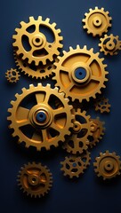 Close-up of interlocking golden gears on a dark blue background, conveying a sense of precision and teamwork. The arrangement is complex and dynamic.