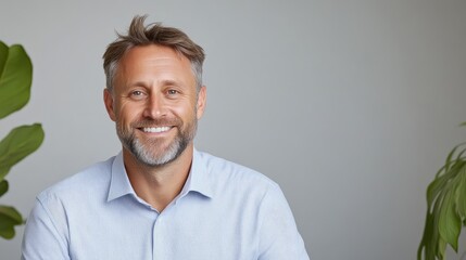 Obraz premium Smiling Man with Plants, Minimalist Style, High-Quality Lighting, Portrait Close-Up, Soft Focus, Relaxed Demeanor, Neutral Background, Calm Hues, Ideal for Business Profiles