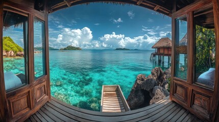 Fototapeta premium Scenic view from a wooden structure overlooking clear turquoise waters and distant islands.
