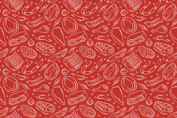 Seamless pattern with line art meat steak, sausage, bacon, drumstick, garlic, chili. herbs and spices on red background. Great for butcher shop, deli packaging or kitchen design.