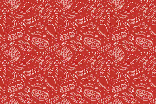 Seamless pattern with line art meat steak, sausage, bacon, drumstick, garlic, chili. herbs and spices on red background. Great for butcher shop, deli packaging or kitchen design.