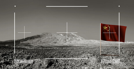 Strange ground of planet like Mars. Desert scene surface on planet with flag of China. Chinese...