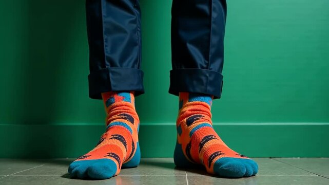 Bright orange and blue socks with fun patterns worn by person in dark pants, standing on tiled floor against a solid green wall background