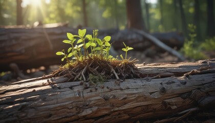 Fototapeta premium Tiny sapling sprouts from decaying log, sunlight dappled leaves , photography, forest