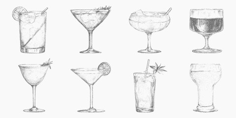 Set of classic cocktails and drinks in vintage ink sketch style with noisy gritty dot halftone effect in various glass styles. Retro pop art stipple for restaurant banners, Italian style.
